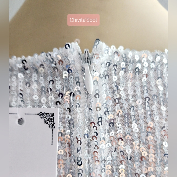 🏷🆕️ Sexy Deep-V Sequin Glitter Tassel Sleeve Party Mini Dress - Silver - L - Picture 11 of 16